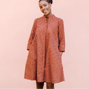 Zuri Red Plot Twist Cotton Trapeze Dress Geometric Pattern Long Sleeve